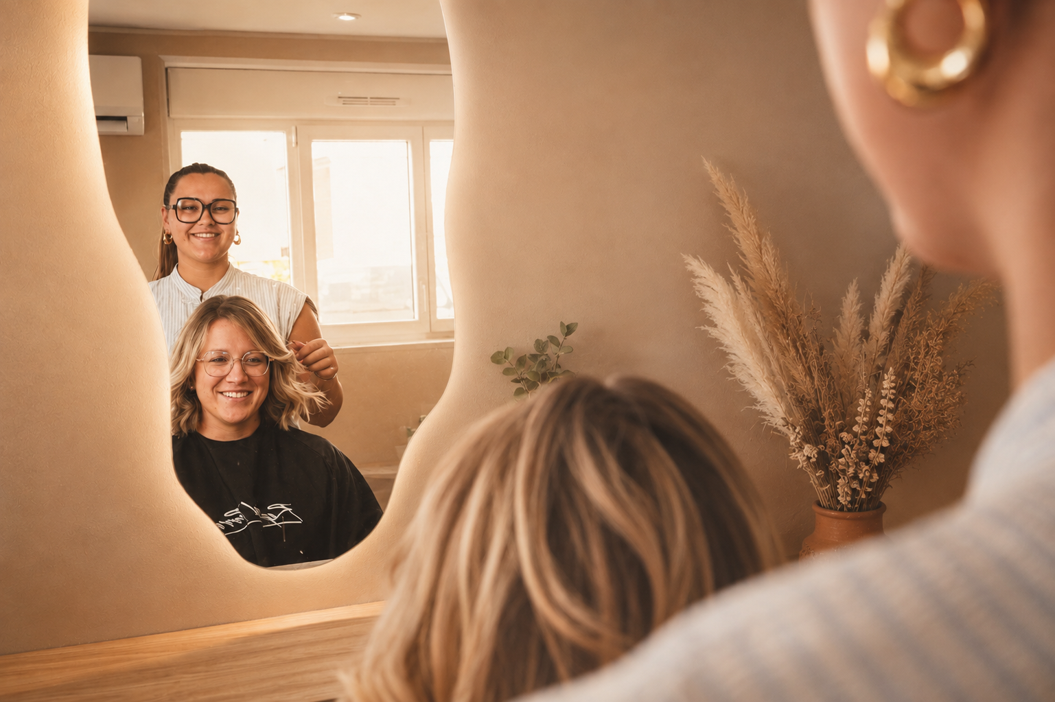 A female stylist expertly applying hair color to a client in a modern salon setting.